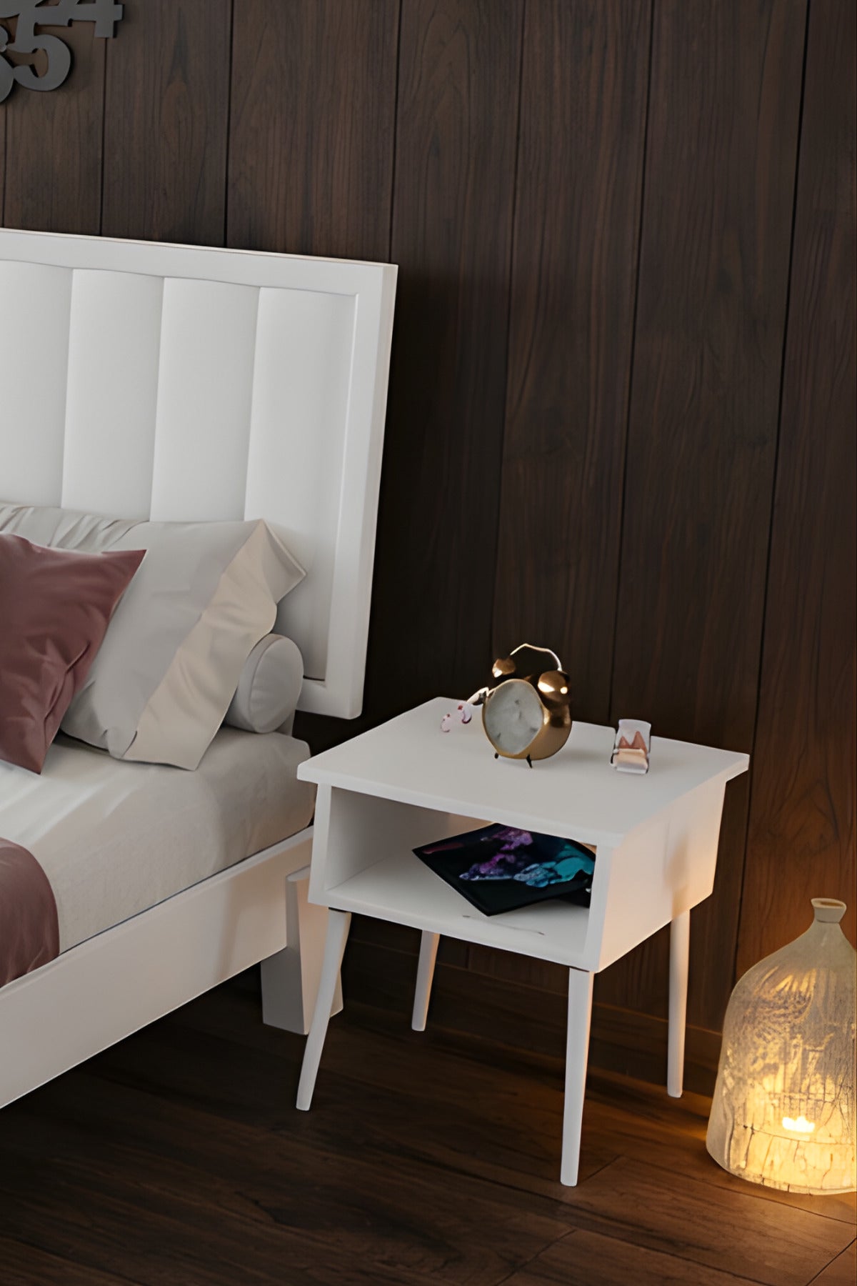 Hüma Model Dikey Başlıklı Masif Ahşap Karyola ve 2 Adet Komodin 160x200 Ceviz