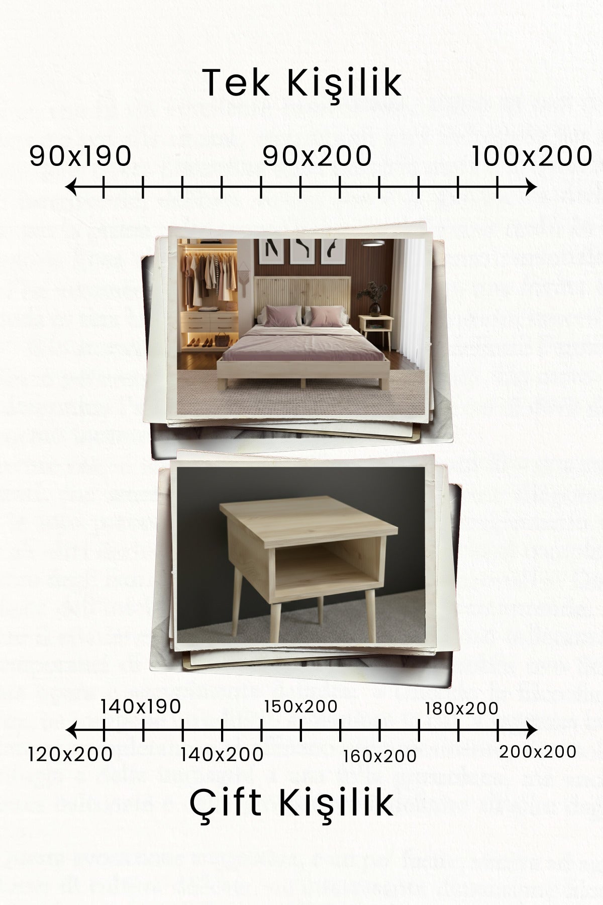 Alaz Model Yatay Başlıklı Masif Ahşap Karyola 2 Adet Komodin 200x200 Doğal