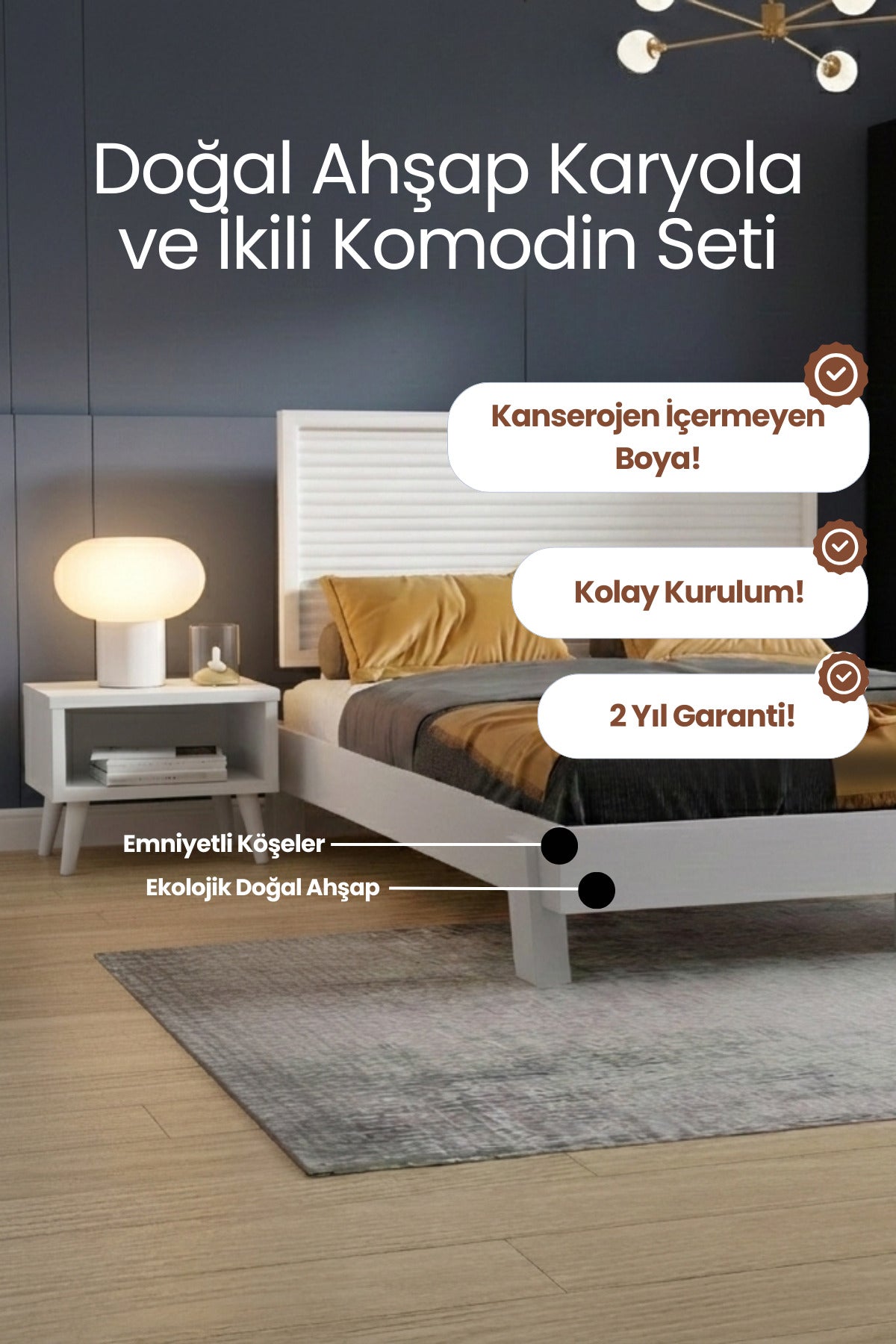 Ebruli̇ Model Yatay Başlıklı Masif Ahşap Karyola 2 Adet Komodin 150x200 Ceviz