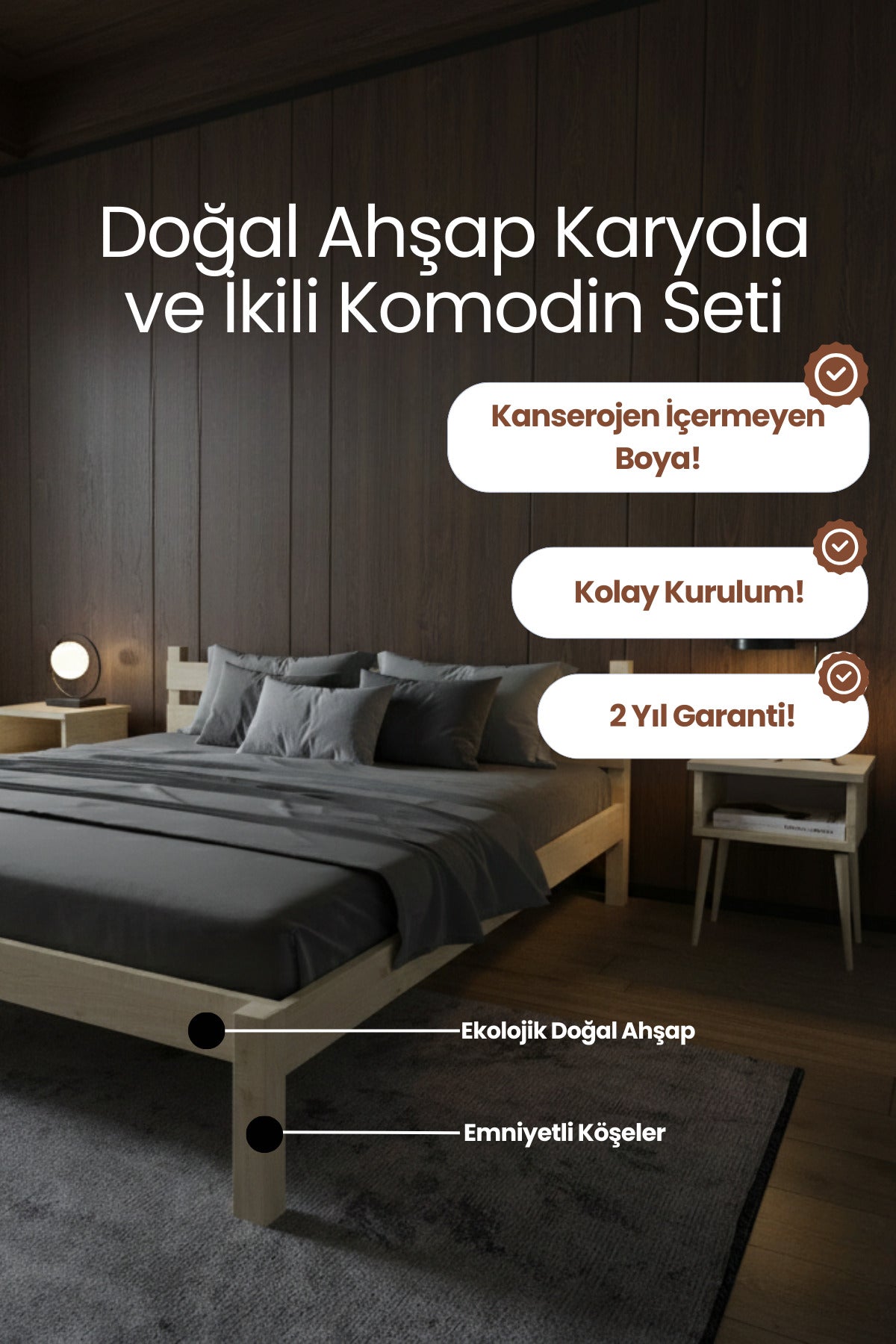 Letto Model Masif Ahşap Karyola 2 Adet Komodin 120x200 Ceviz