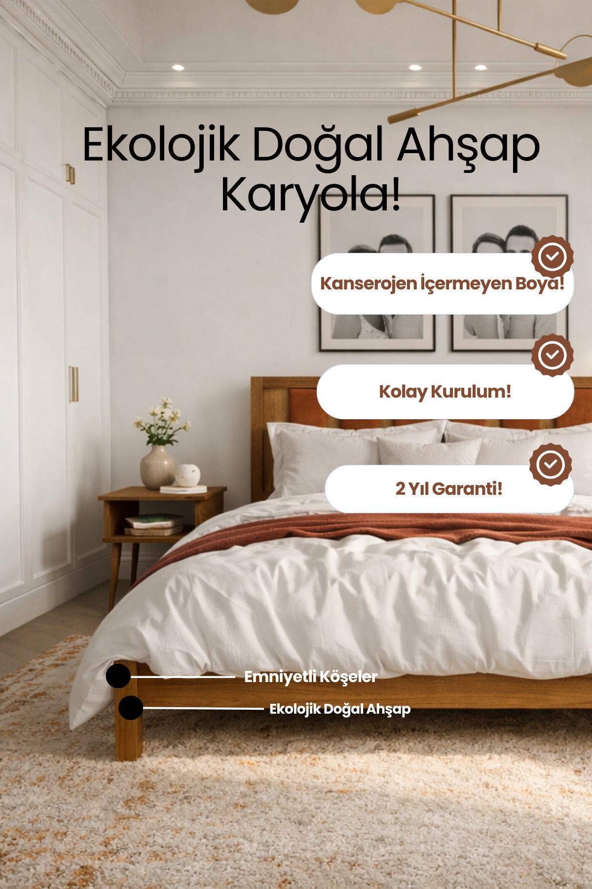 Ori̇on Model Kiremit Rengi Puf Başlıklı Masif Ahşap Karyola 180x200 Doğal