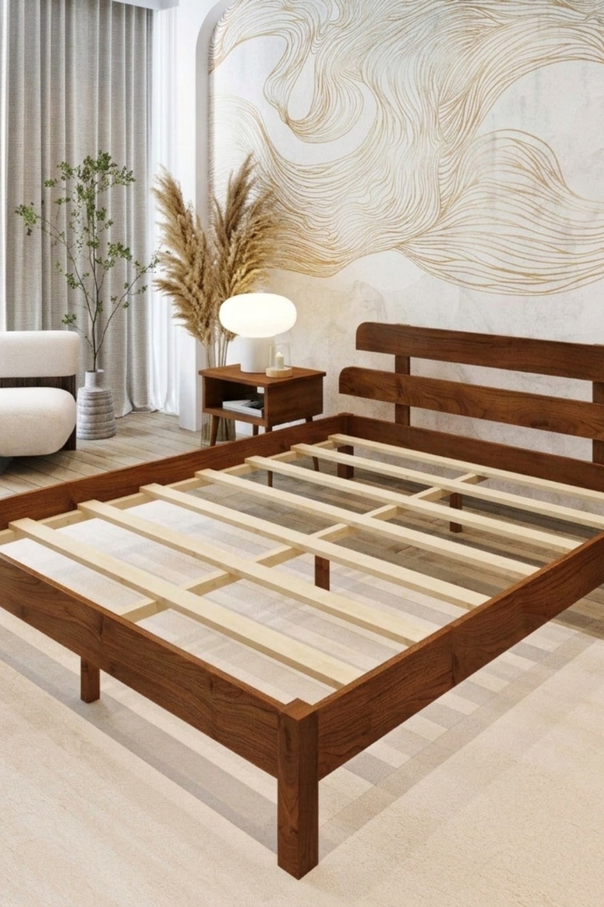Lotus Model Masif Ahşap Karyola 2 Adet Komodin 100x200 Ceviz