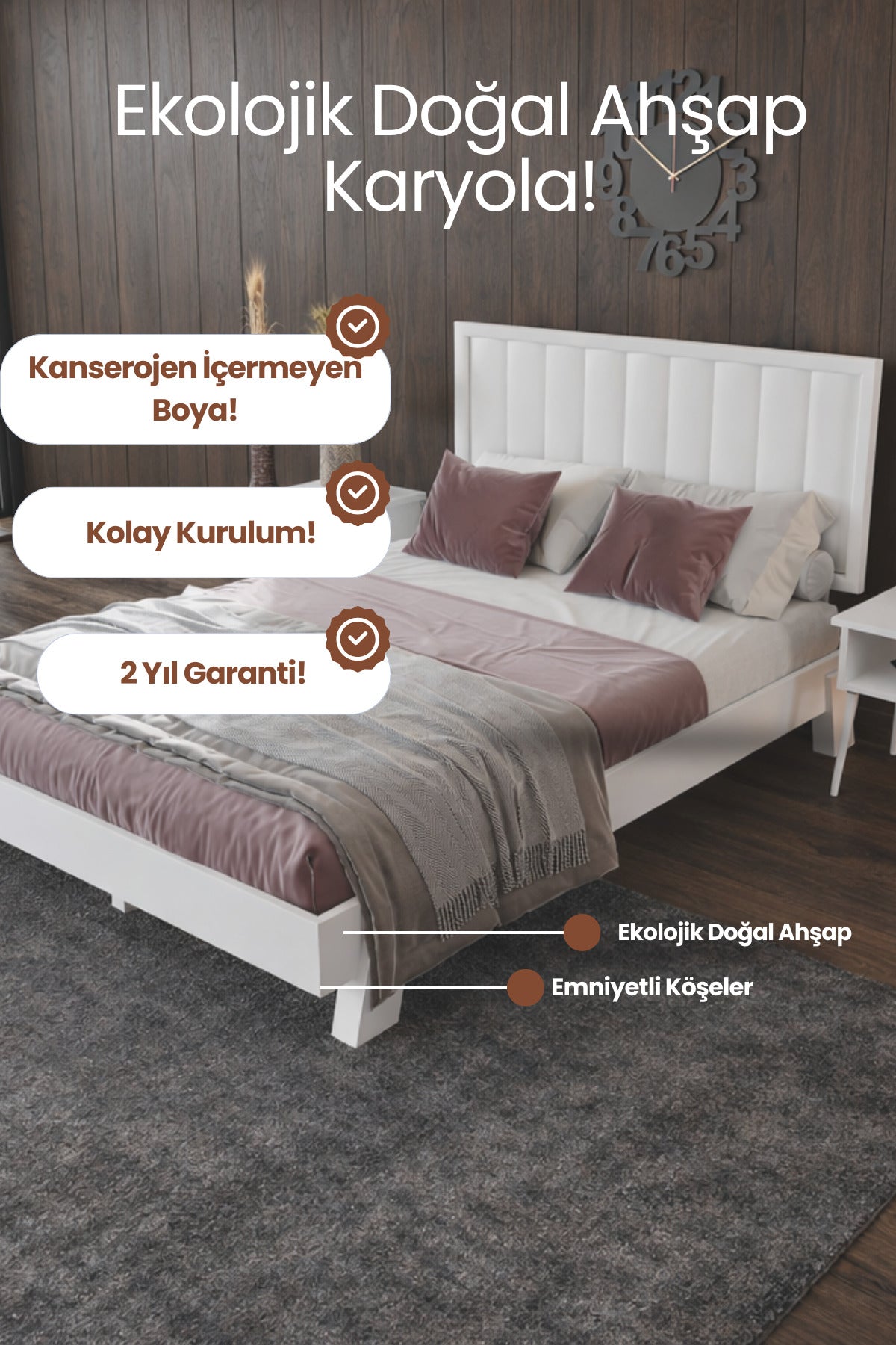 Hüma Model Dikey Başlıklı Masif Ahşap Karyola 160x200 Doğal