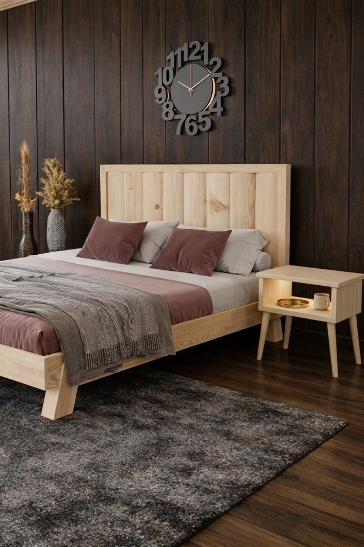 Hüma Model Dikey Başlıklı Masif Ahşap Karyola 2 Adet Komodin 100x200 Doğal