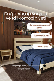 Natura New Model Masif Ahşap Karyola 2 Adet Komodin 90x190 Doğal