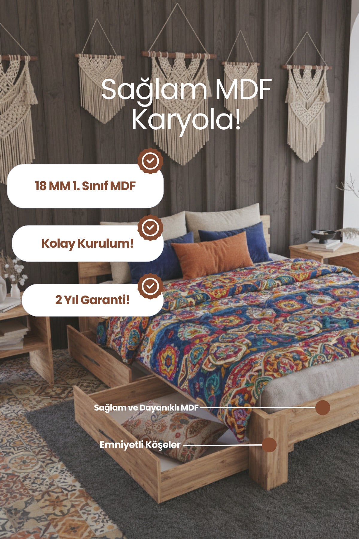 Letto 2 Çekmeceli MDF Karyola 180x200 Beyaz