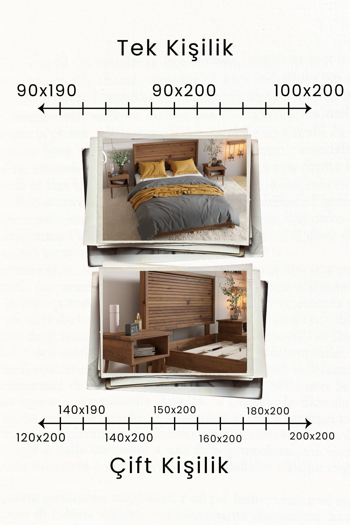 Ebruli̇ Model Yatay Başlıklı Masif Ahşap Karyola 2 Adet Komodin 200x200 Doğal