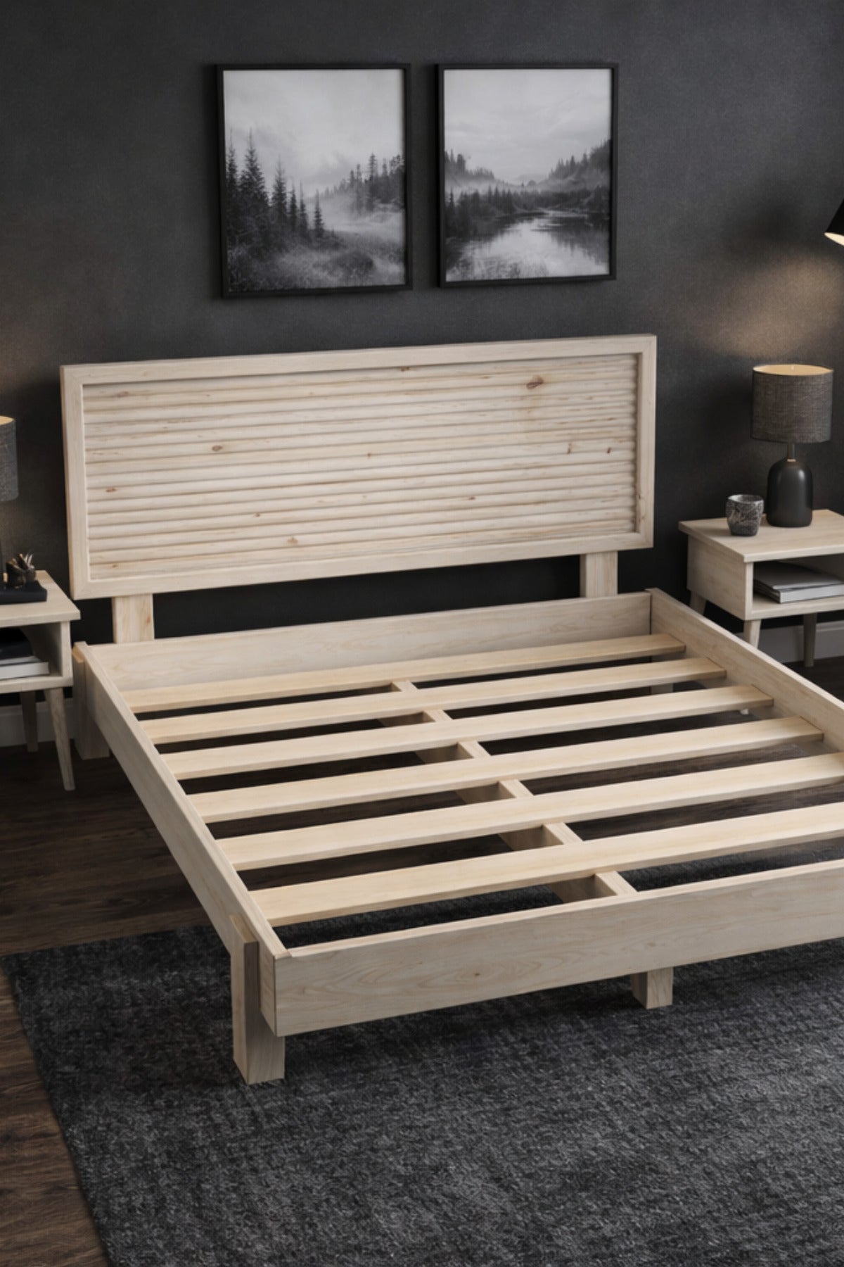 Ebruli̇ Model Yatay Başlıklı Masif Ahşap Karyola 200x200 Ceviz