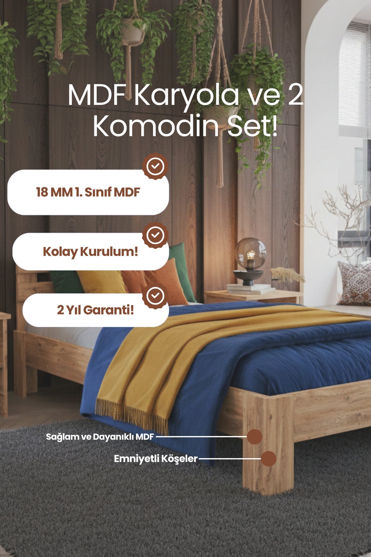 Letto MDF Karyola ve 2 Komodinli Set 150x200 Atlantik Çam