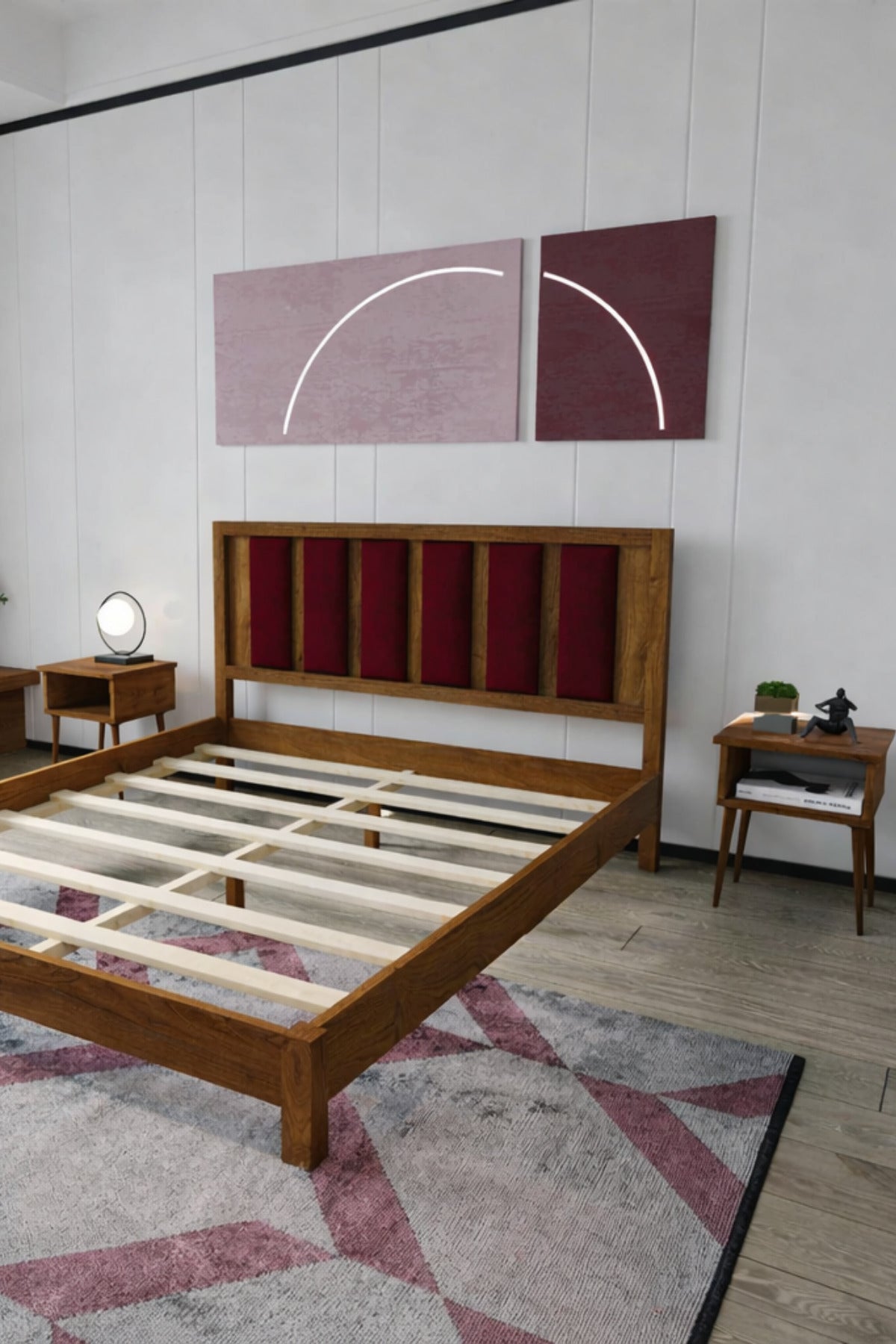 Ori̇on Model Bordo Puf Başlıklı Masif Ahşap Karyola 90x200 Ceviz