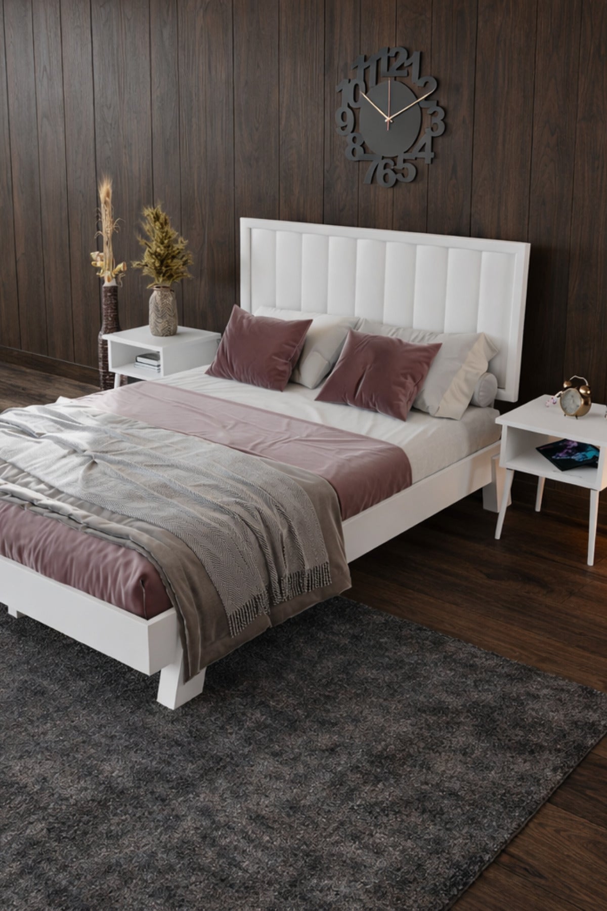 Hüma Model Dikey Başlıklı Masif Ahşap Karyola 140x190 Ceviz