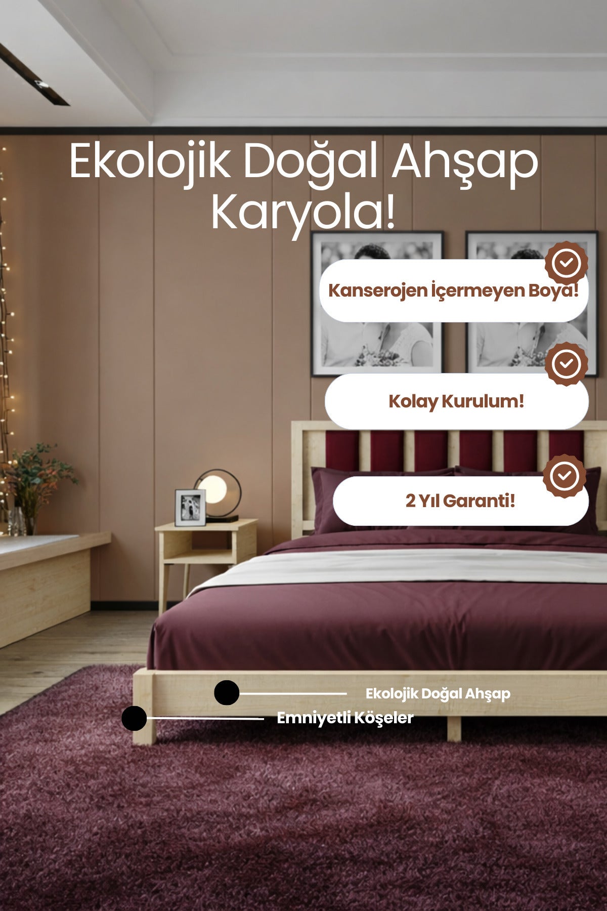 Ori̇on Model Bordo Puf Başlıklı Masif Ahşap Karyola 140x190 Ceviz