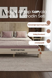 Alaz Model Dikey Başlıklı Masif Ahşap Karyola 2 Adet Komodin 90x190 Doğal