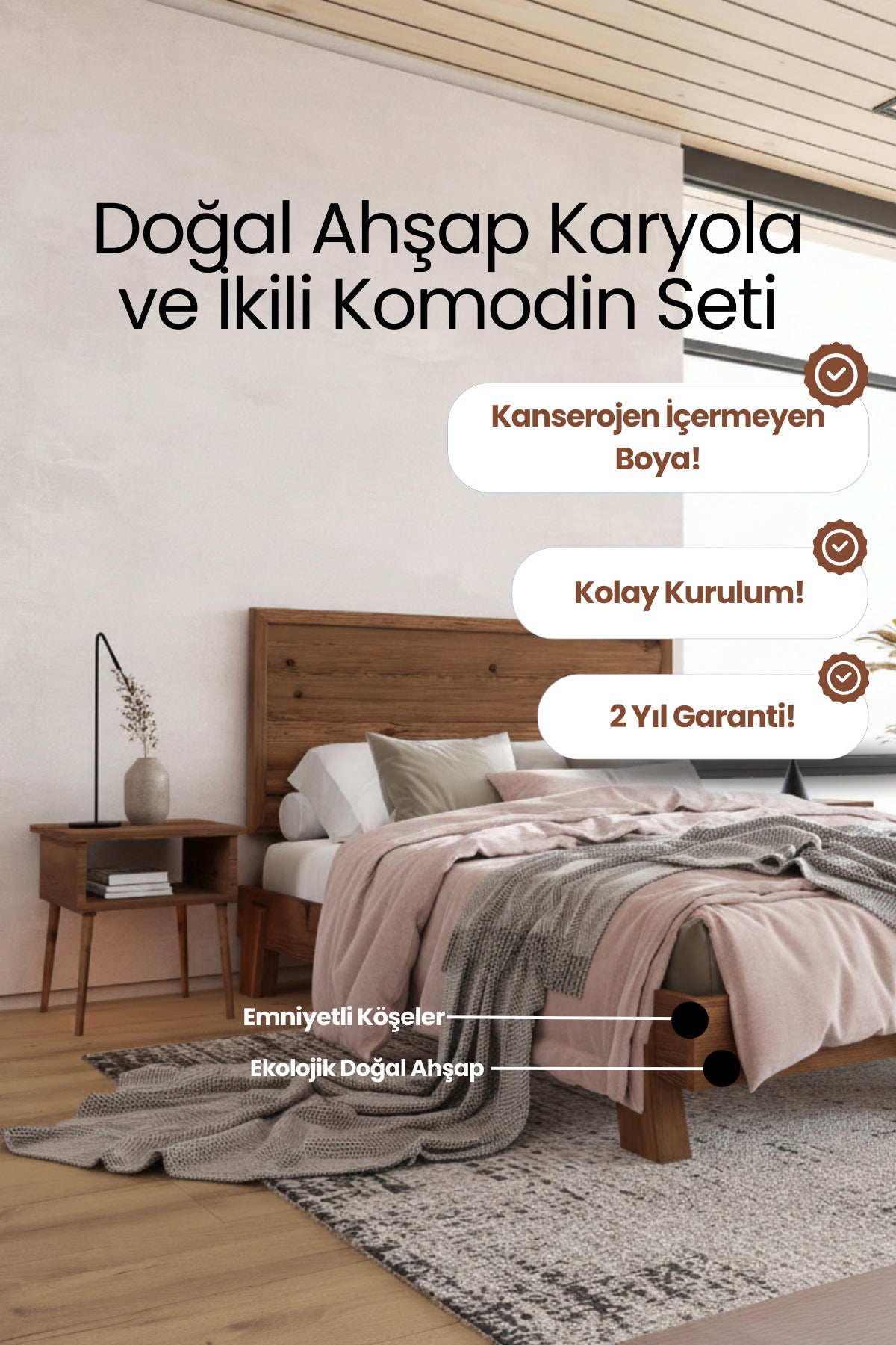 Hüma Model Yatay Başlıklı Masif Ahşap Karyola 2 Adet Komodin 160x200 Doğal