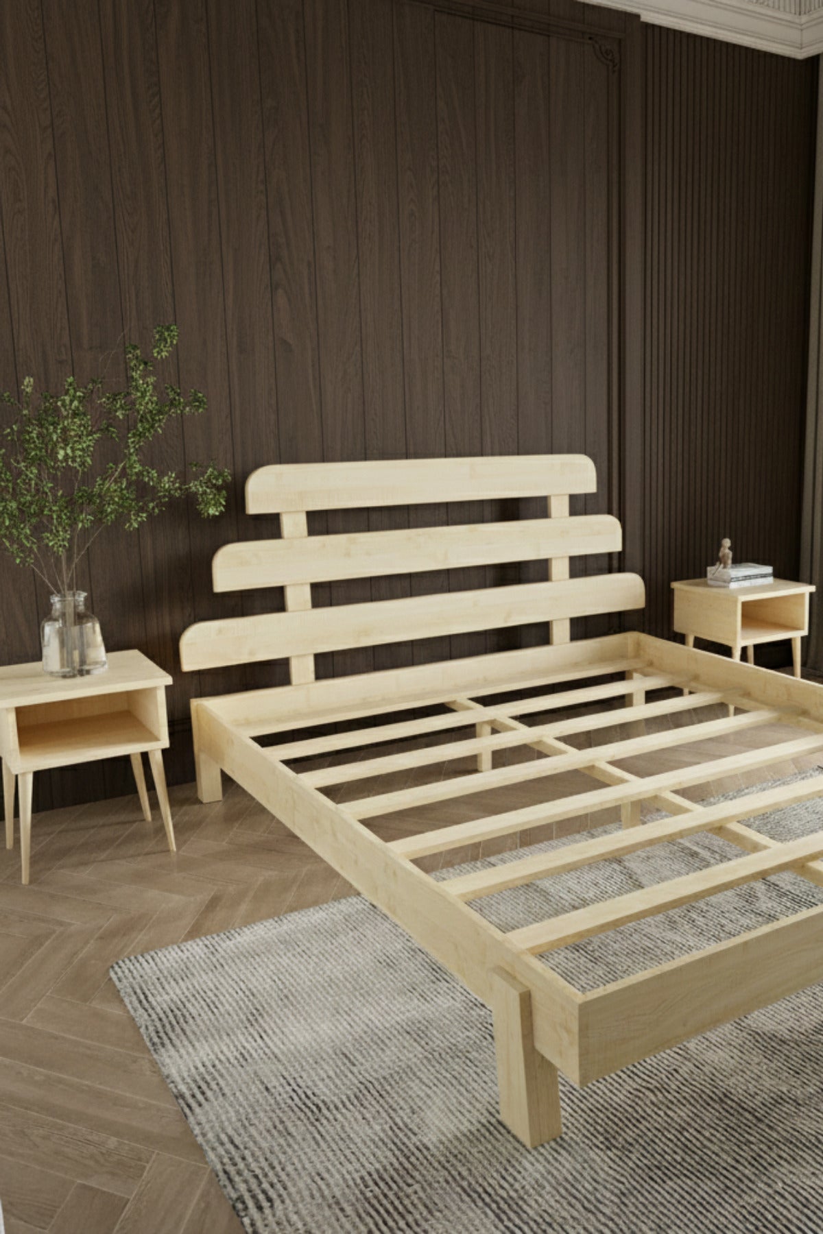 Lotus X Model Masif Ahşap Karyola ve 2 Adet Komodin 140x200 Doğal