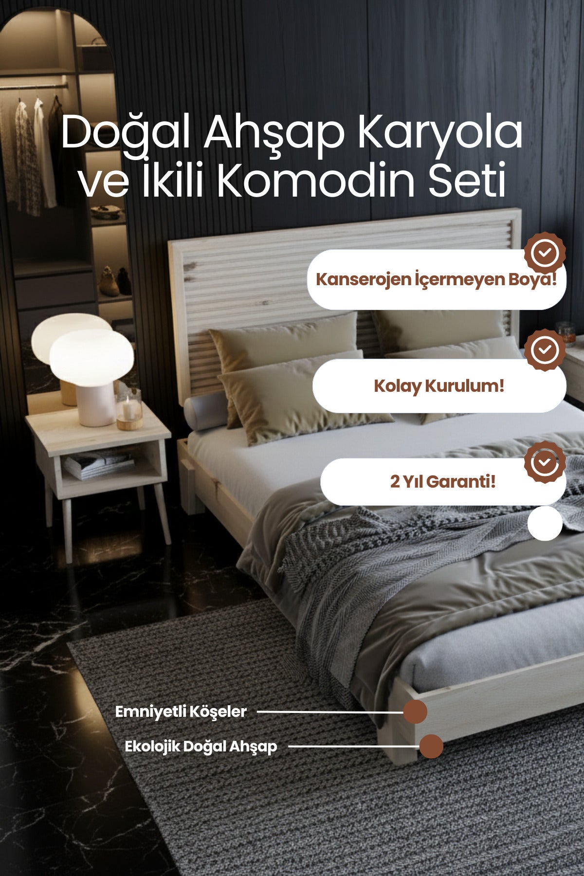 Alaz Model Yatay Başlıklı Masif Ahşap Karyola 2 Adet Komodin 150x200 Ceviz