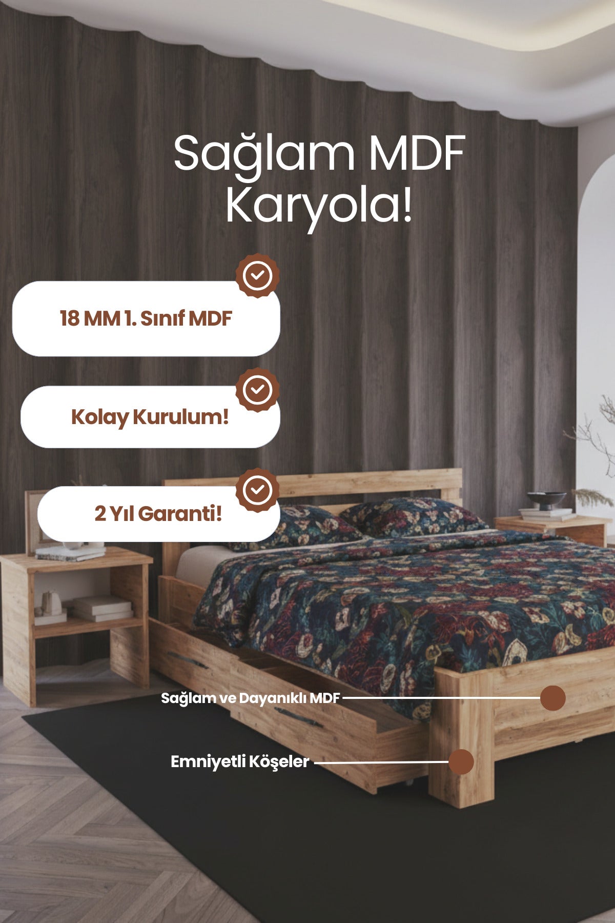 Letto 4 Çekmeceli MDF Karyola 180x200 Beyaz