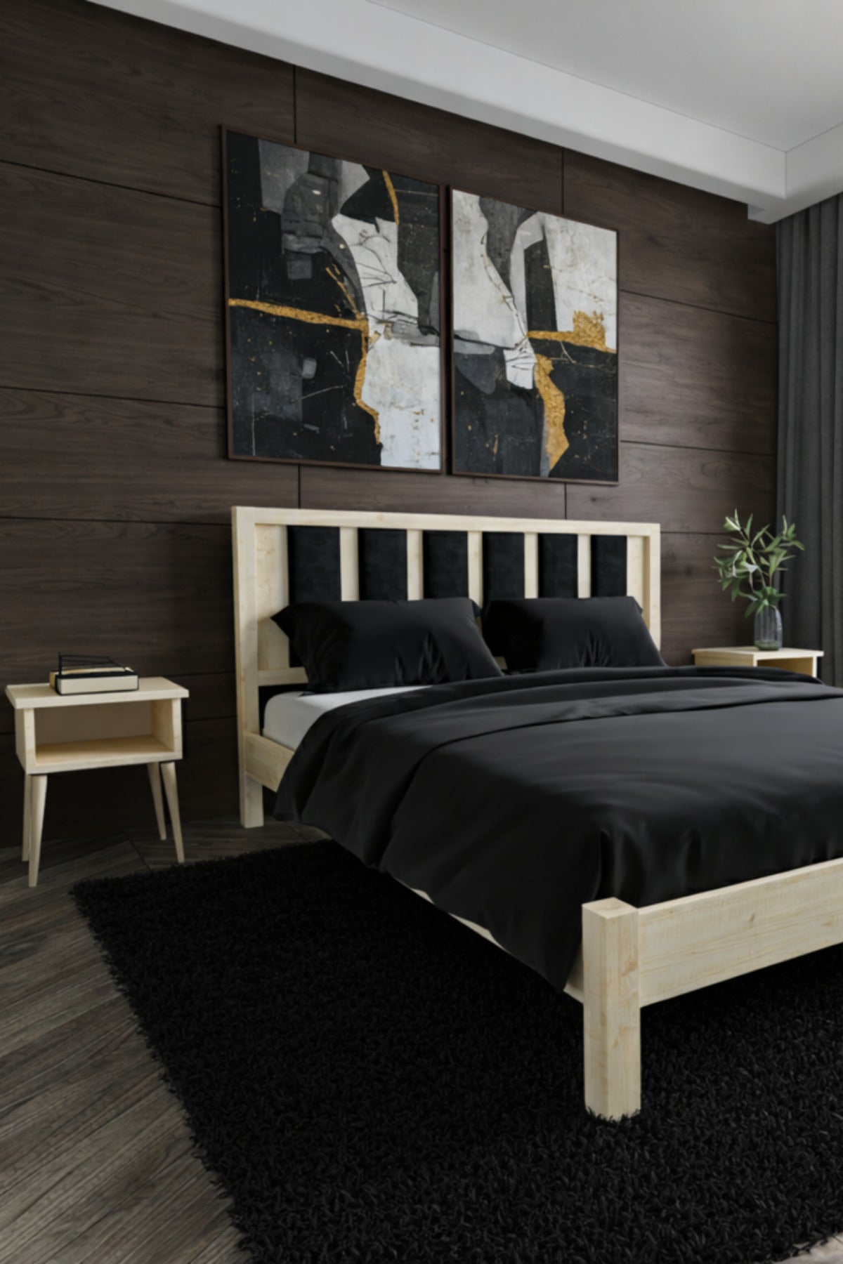 Ori̇on Model Siyah Puf Başlıklı Masif Ahşap Karyola 150x200 Ceviz