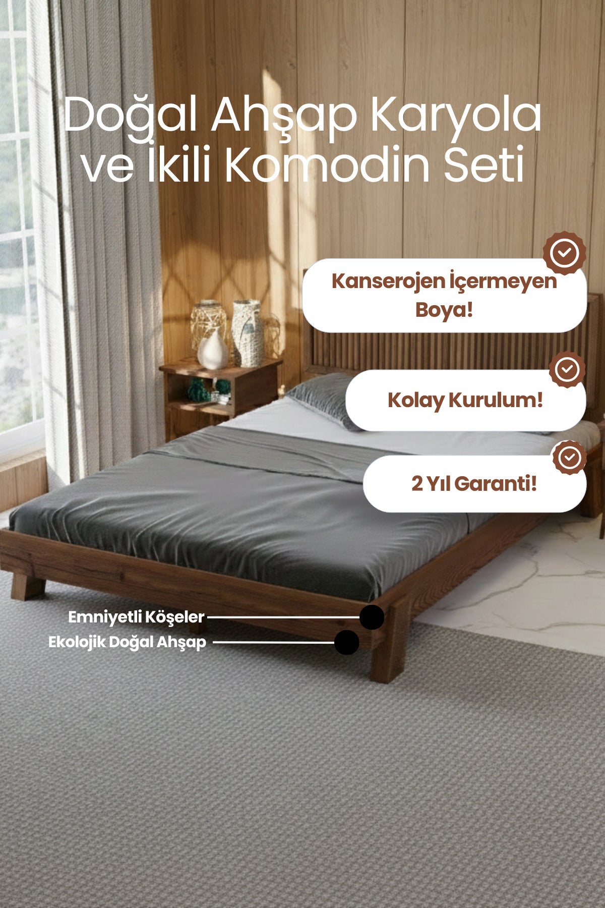 Ebruli̇ Model Dikey Başlıklı Masif Ahşap Karyola 2 Adet Komodin 160x200 Doğal