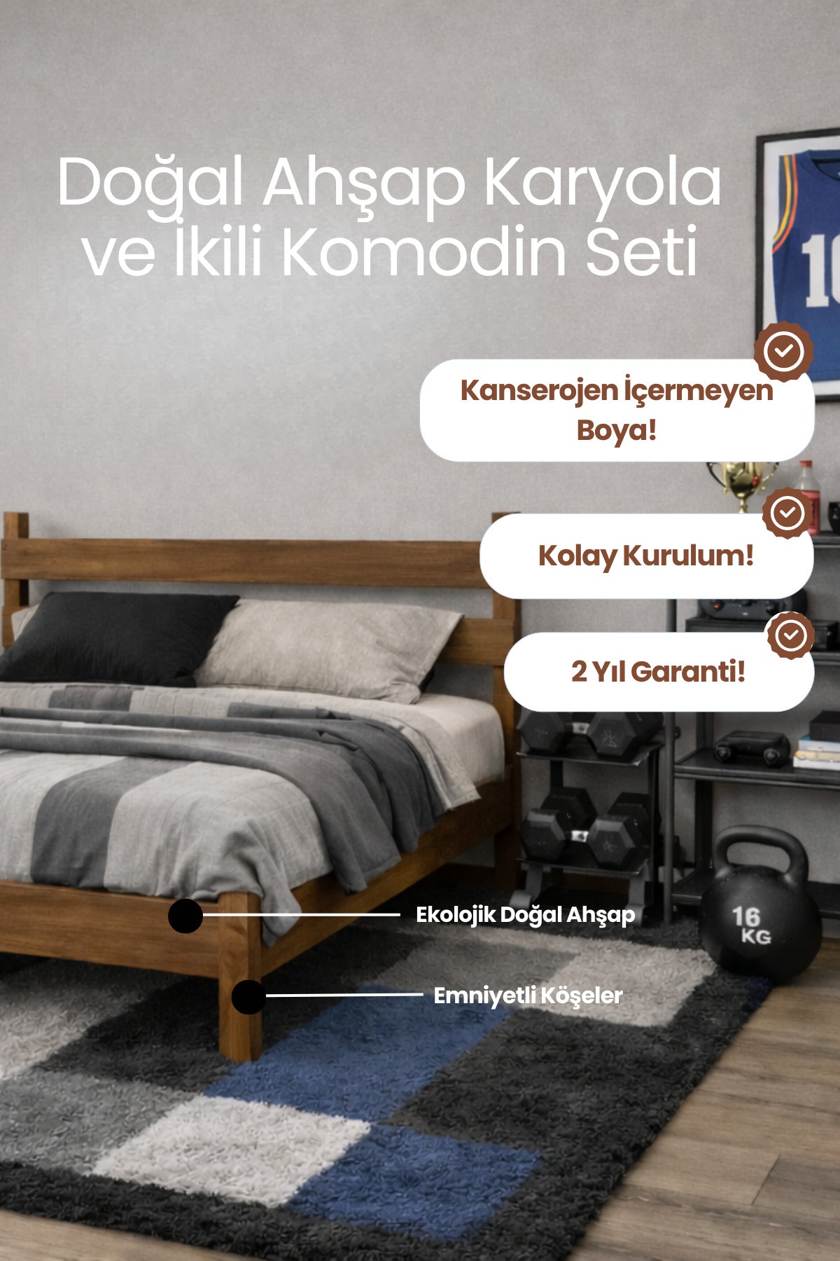 Natura Model Masif Ahşap Karyola 2 Adet Komodin 160x200 Doğal
