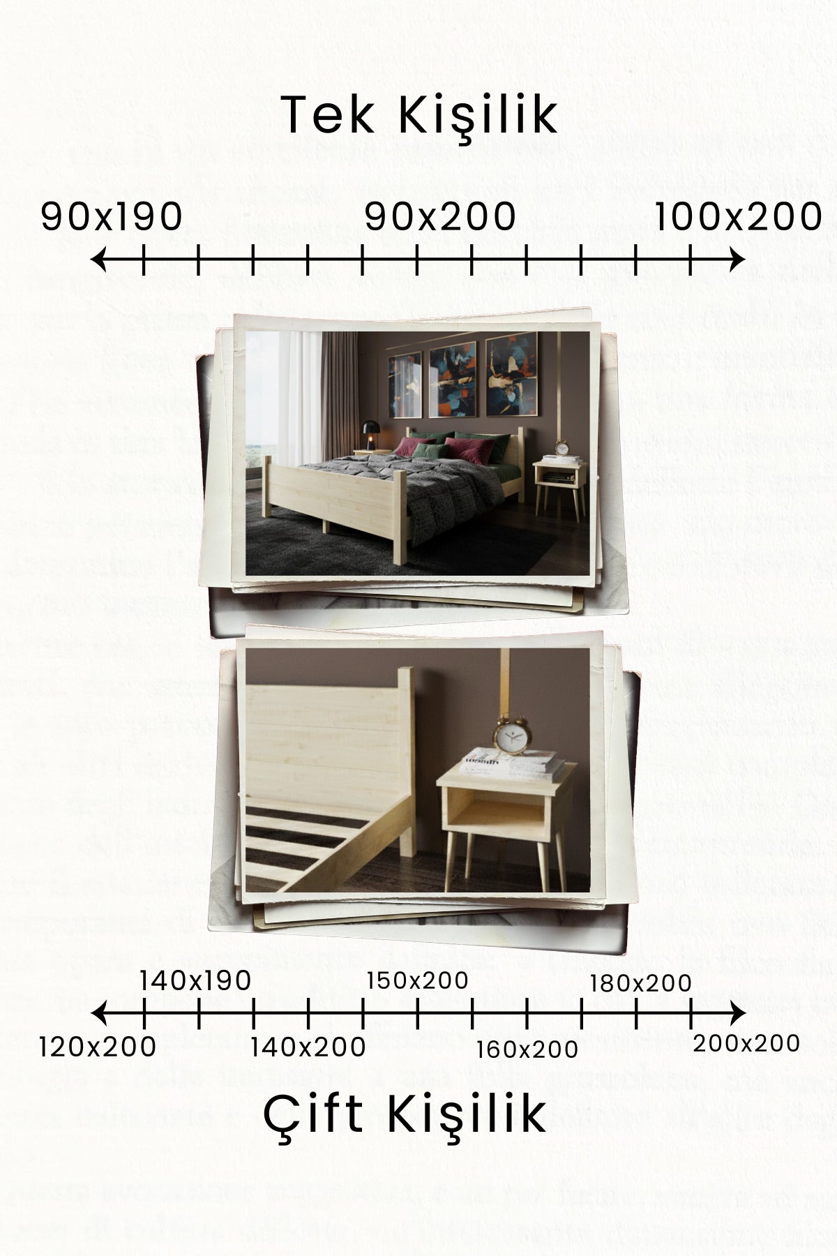 Melodi̇ Model Masif Ahşap Karyola ve 2 Adet Komodin 90x200 Doğal