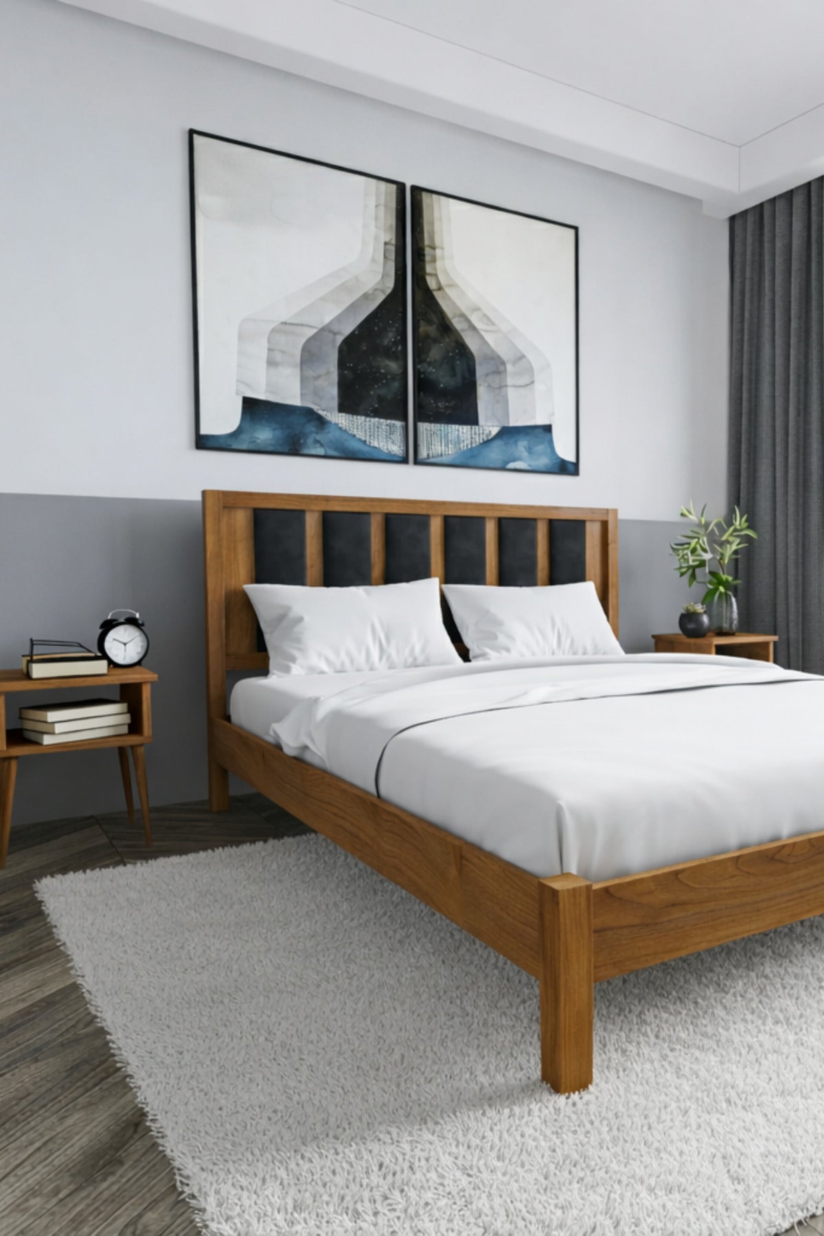 Ori̇on Model Siyah Puf Başlıklı Masif Ahşap Karyola 90x190 Ceviz