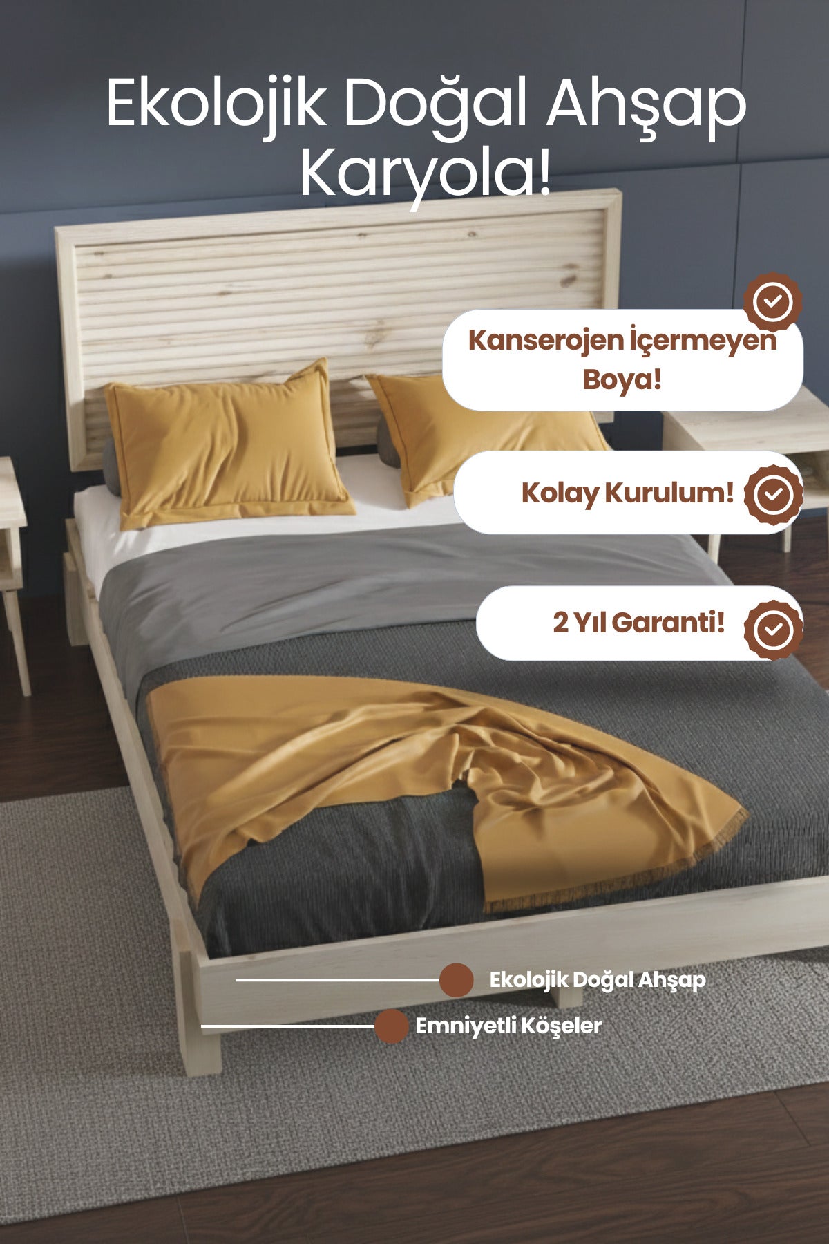 Ebruli̇ Model Yatay Başlıklı Masif Ahşap Karyola 160x200 Doğal