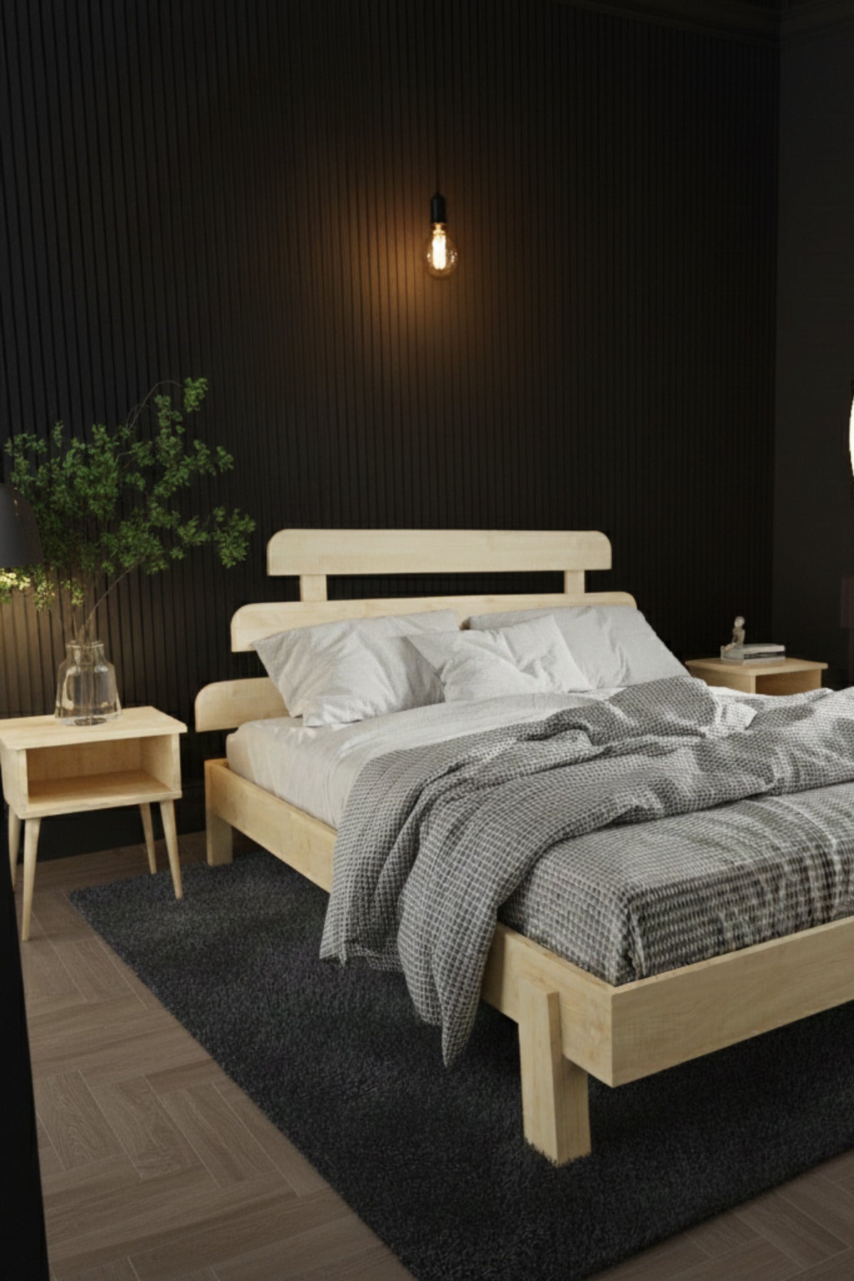 Lotus X Model Masif Ahşap Karyola ve 2 Adet Komodin 140x190 Doğal