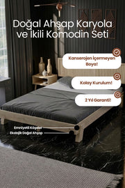 Ebruli̇ Model Dikey Başlıklı Masif Ahşap Karyola ve 2 Adet Komodin 90x190 Doğal
