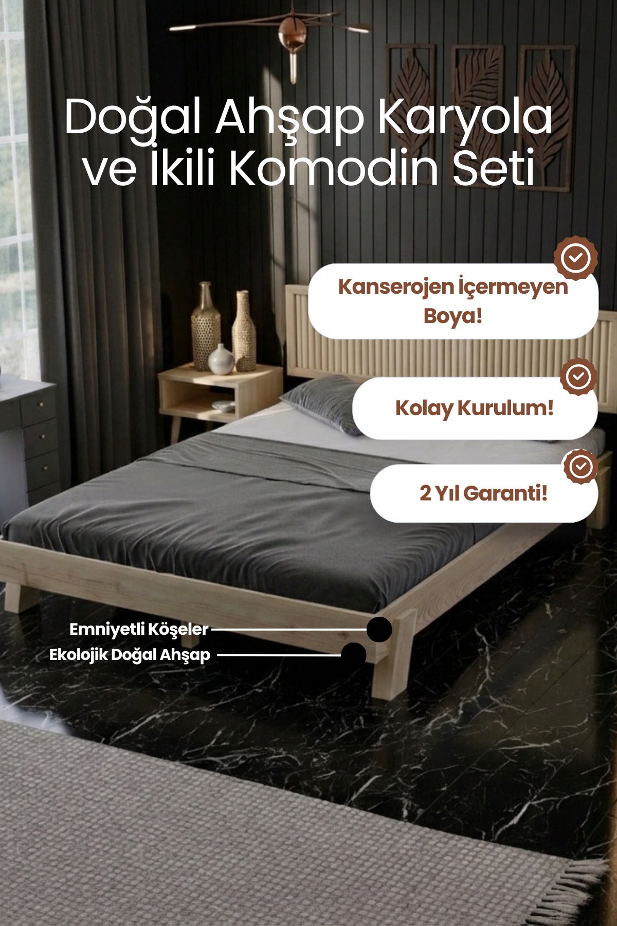 Ebruli̇ Model Dikey Başlıklı Masif Ahşap Karyola ve 2 Adet Komodin 90x190 Doğal