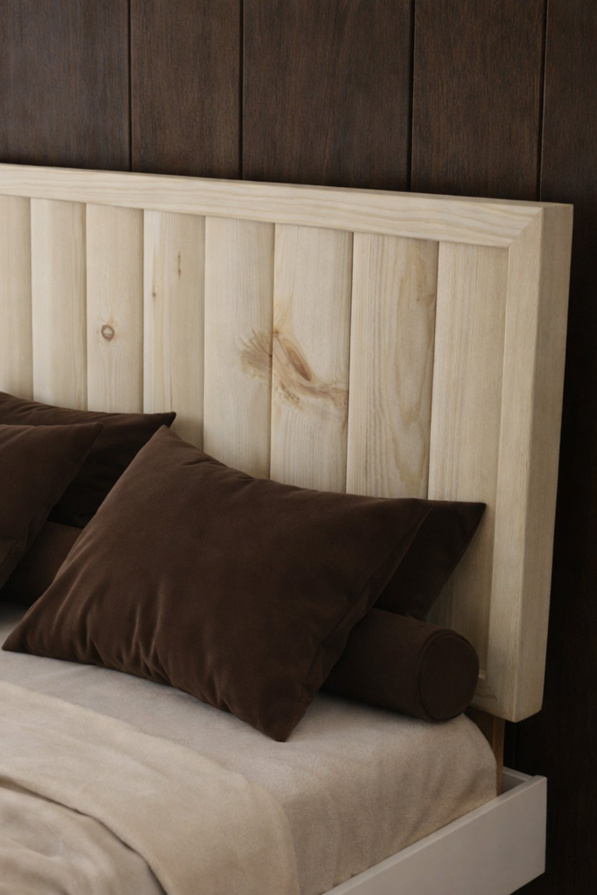 Hüma Model Dikey Başlıklı Masif Ahşap Karyola 2 Adet Komodin 120x200 Doğal