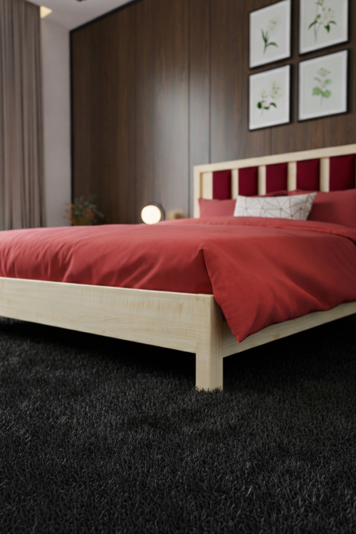 Ori̇on Model Bordo Puf Başlıklı Masif Ahşap Karyola 180x200 Ceviz