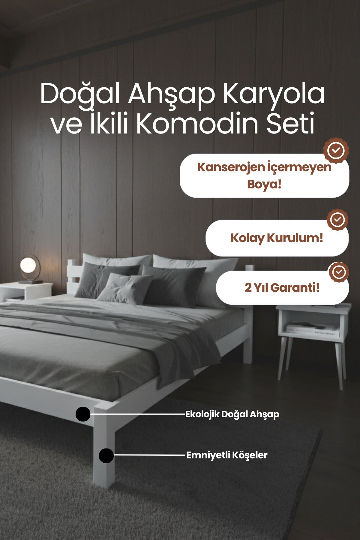 Letto Model Masif Ahşap Karyola 2 Adet Komodin 200x200 Ceviz