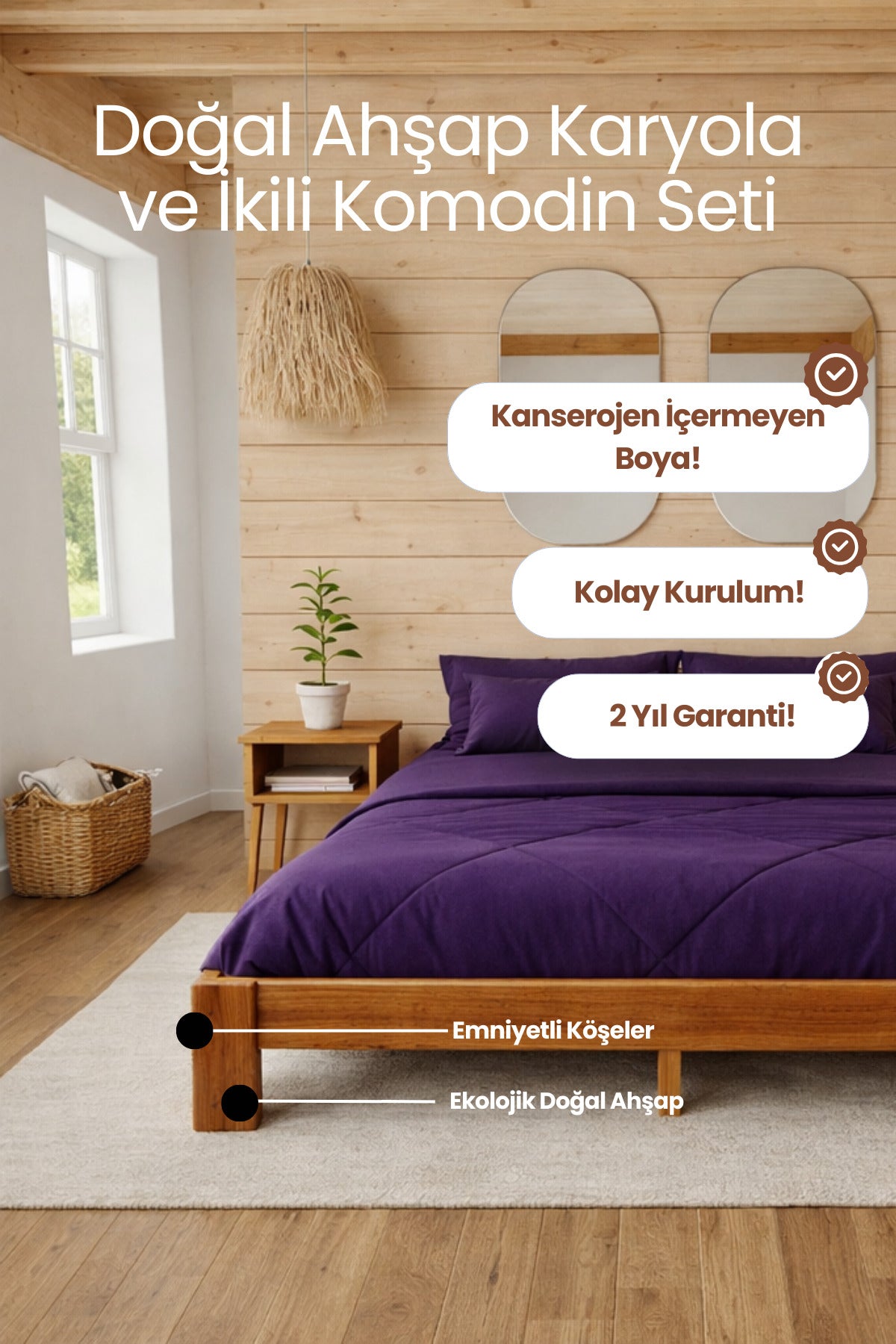 Soft Model Masif Ahşap Karyola 2 Adet Komodin 160x200 Doğal