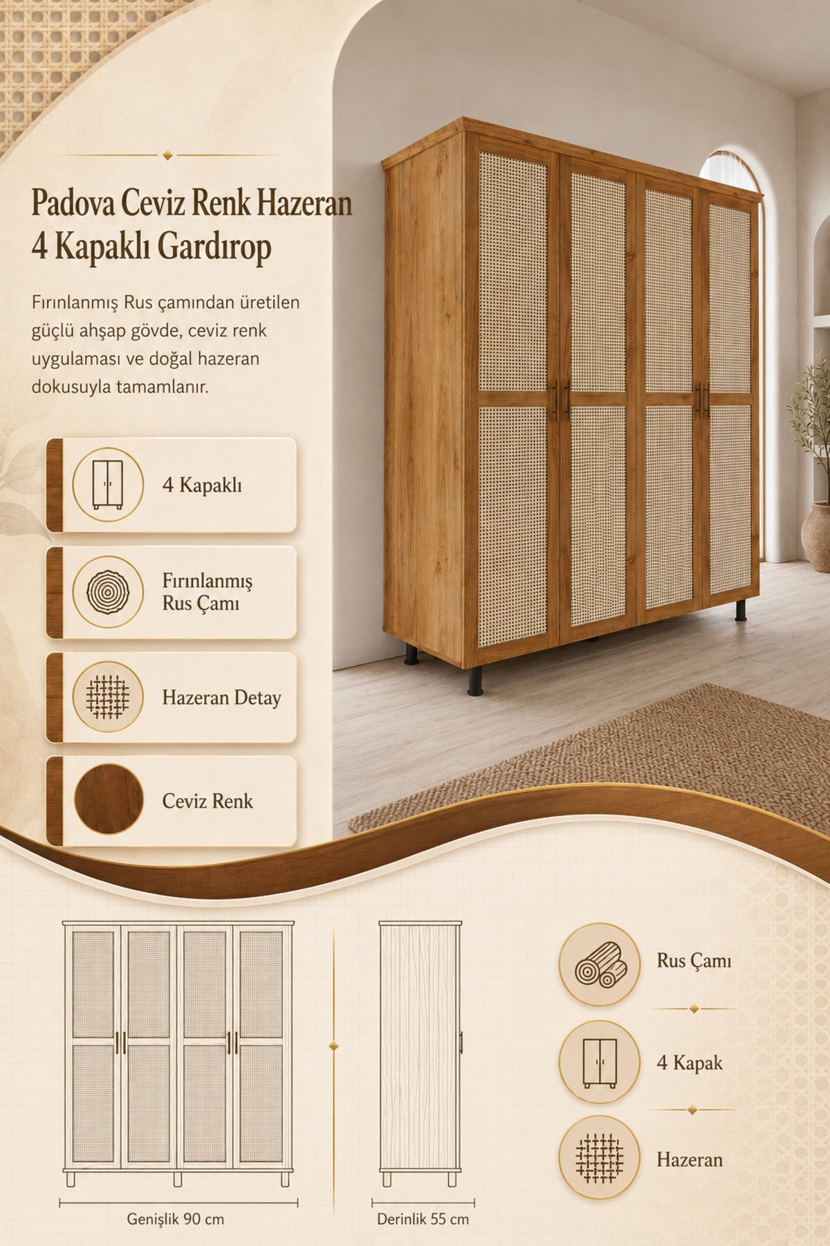 Padova Model 4 Kapaklı Masif Ahşap Gardırop 4 Kapaklı Ceviz