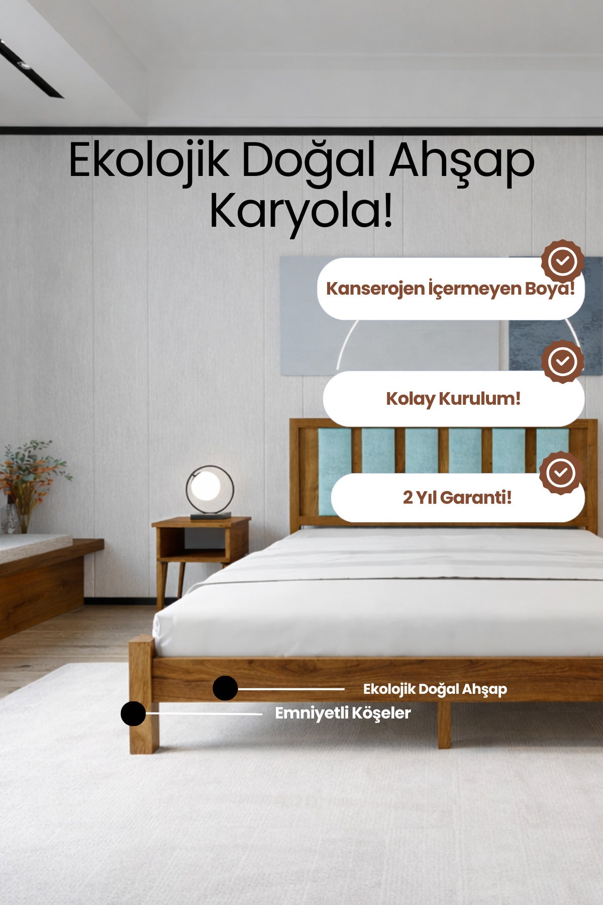 Ori̇on Model Cam Göbeği Rengi Puf Başlıklı Masif Ahşap Karyola 160x200 Doğal