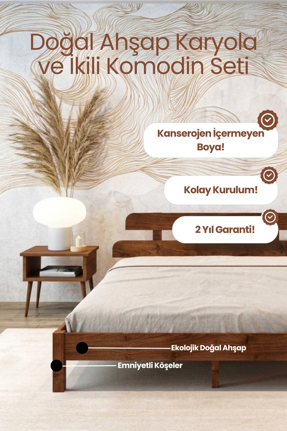 Lotus Model Masif Ahşap Karyola 2 Adet Komodin 160x200 Doğal