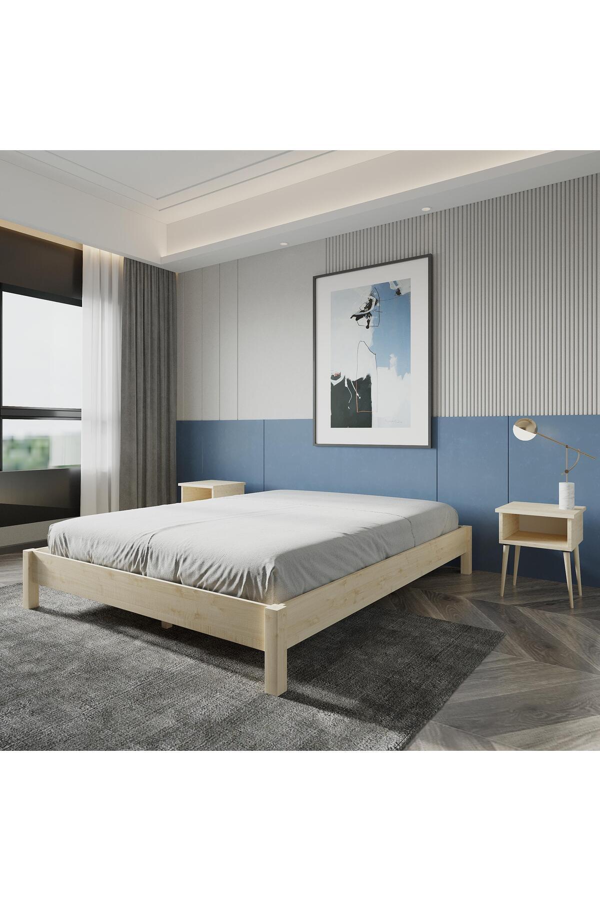 Loft Model Masif Ahşap Karyola 2 Adet Komodin 100x200 Doğal