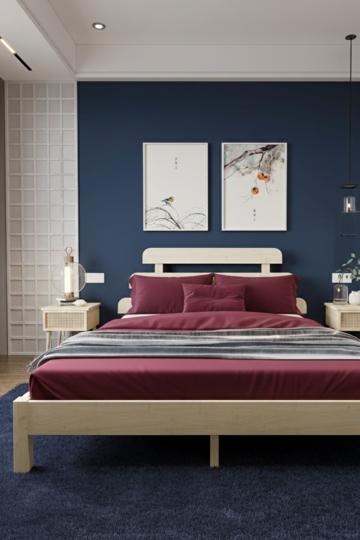 Lotus X New Model Masif Ahşap Karyola 2 Adet Komodin 120x200 Doğal