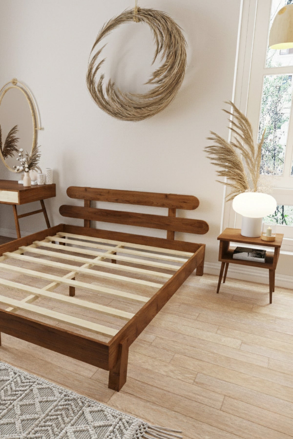 Damla Model 2 Başlıklı Masif Ahşap Karyola 2 Adet Komodin 140x190 Ceviz
