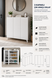 %100 Mdf 3 Kapaklı Çok Amaçlı Dolap Mutfak Dolabı Banyo Dolabı Ayakkabılık 103x90 Beyaz