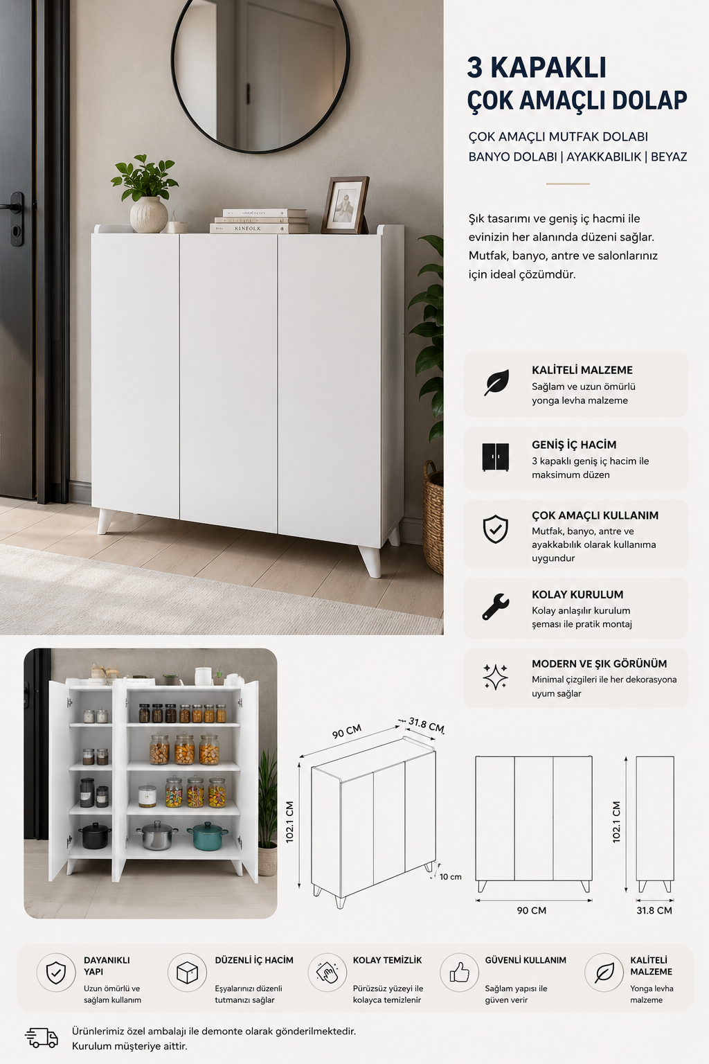%100 Mdf 3 Kapaklı Çok Amaçlı Dolap Mutfak Dolabı Banyo Dolabı Ayakkabılık 103x90 Beyaz