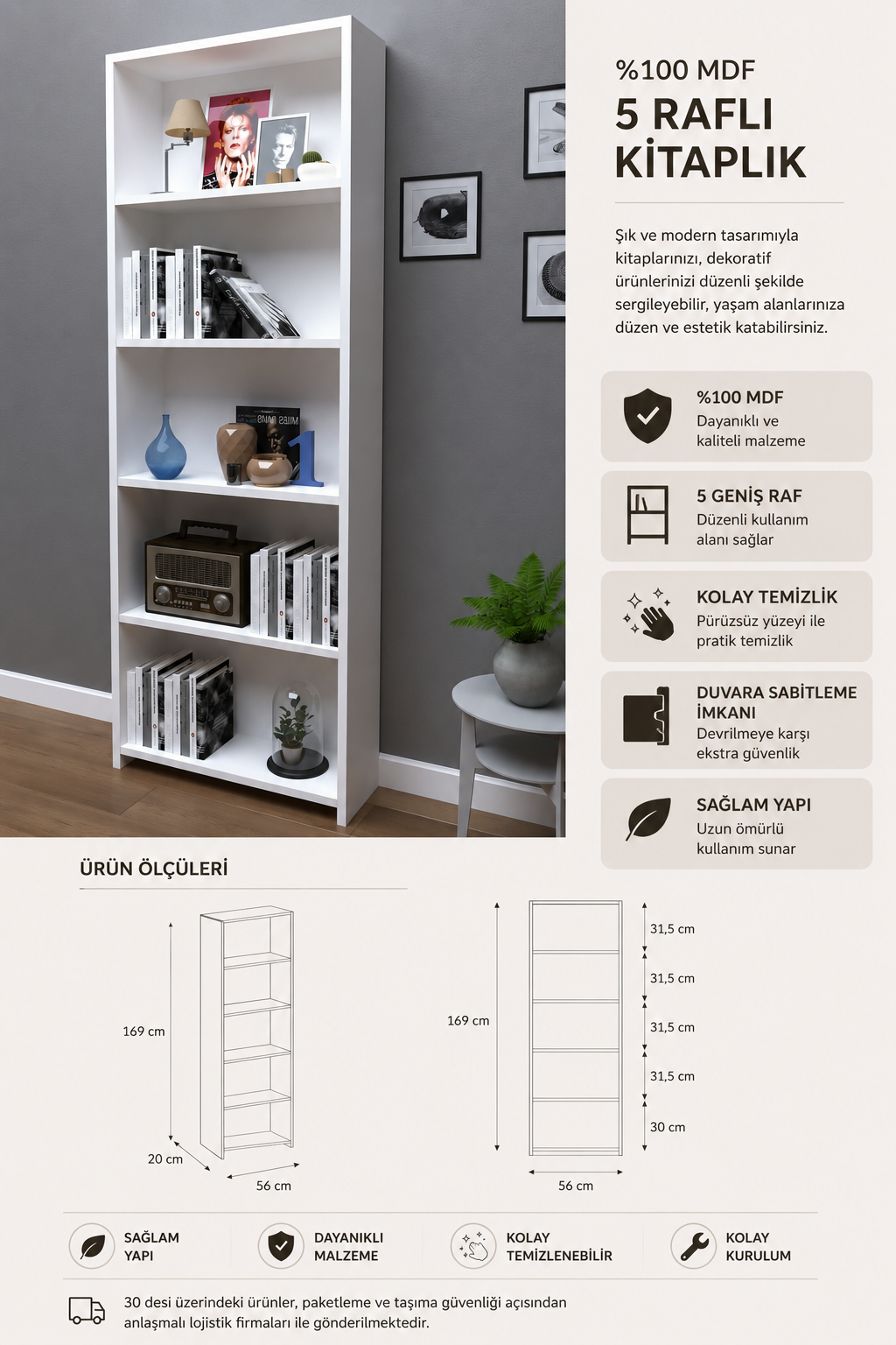 % 100 Mdf 5 Raflı Kitaplık 169x60 Beyaz