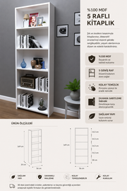 % 100 Mdf 5 Raflı Kitaplık 169x60 Beyaz