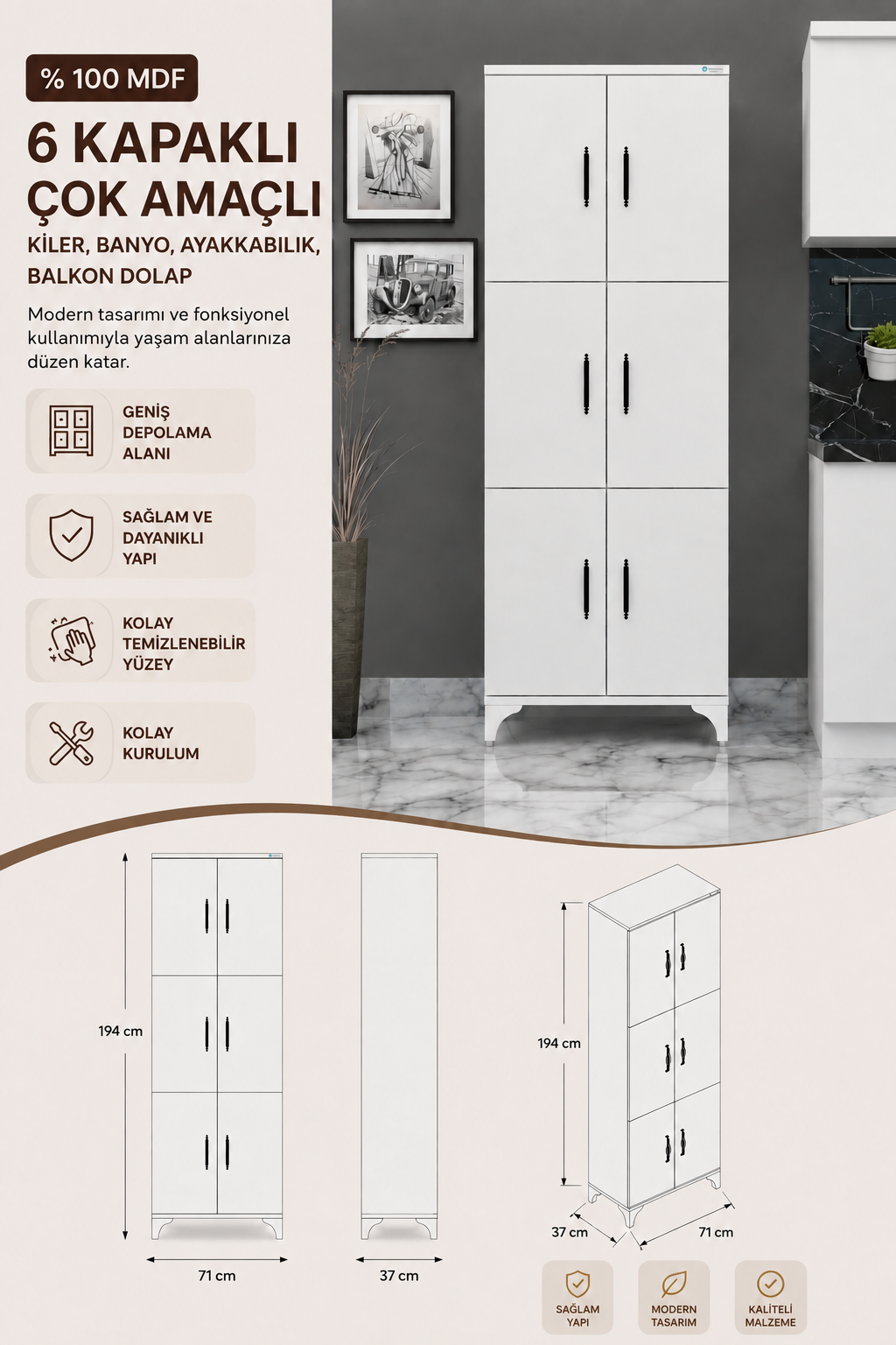 % 100 Mdf 6 Kapaklı Çok Amaçlı Kiler, Banyo, Ayakkabılık, Balkon Dolap 194x71 Beyaz
