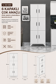 % 100 Mdf 6 Kapaklı Çok Amaçlı Kiler, Banyo, Ayakkabılık, Balkon Dolap 194x71 Beyaz