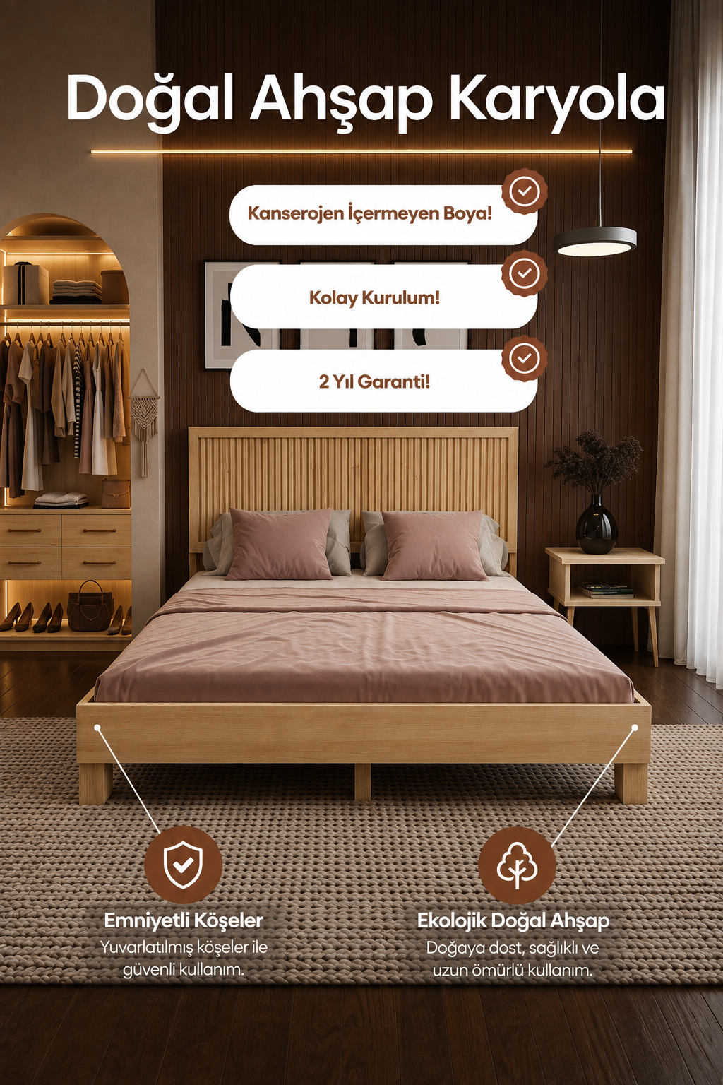 Alaz Model Dikey Başlıklı Masif Ahşap Karyola 90x190 Doğal