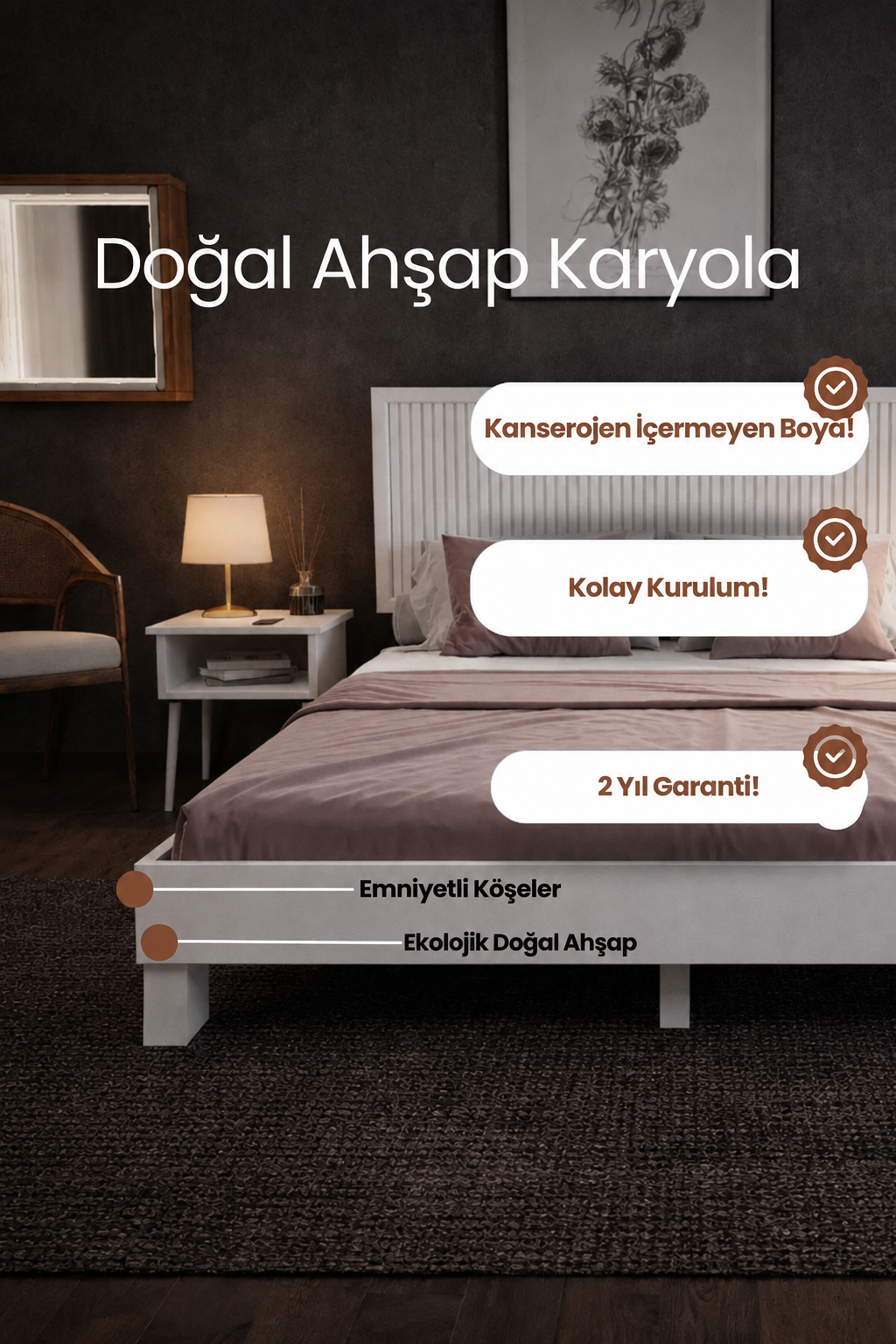Alaz Model Dikey Başlıklı Masif Ahşap Karyola 120x200 Ceviz