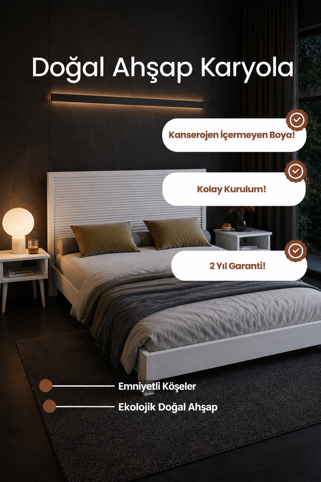 Alaz Model Yatay Başlıklı Masif Ahşap Karyola 100x200 Ceviz