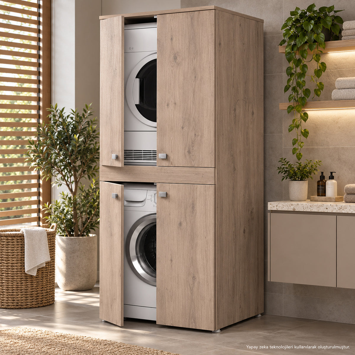 Renazzo %100 MDF Çamaşır Makinesi ve Kurutma Makinesi Dolabı Atlantik Çam RPS kapak
